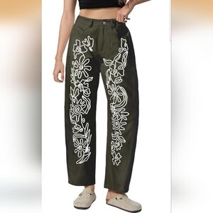 Floral Embroidered Olive Green Pants
